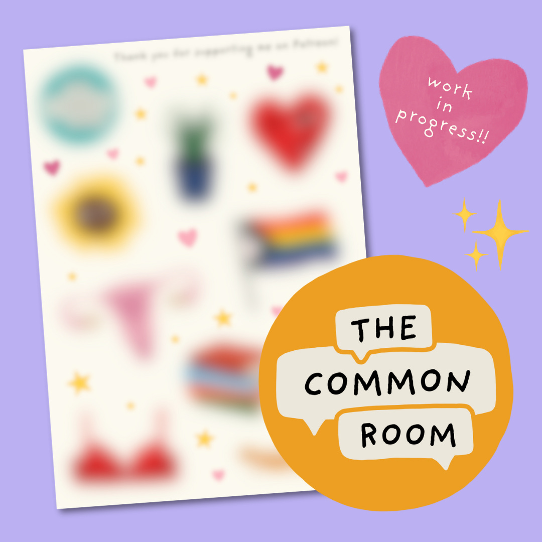 A blurred out image of a sticker sheet mock-up and a mustard version of The Common Room logo. Text reads "work in progress!!!"
