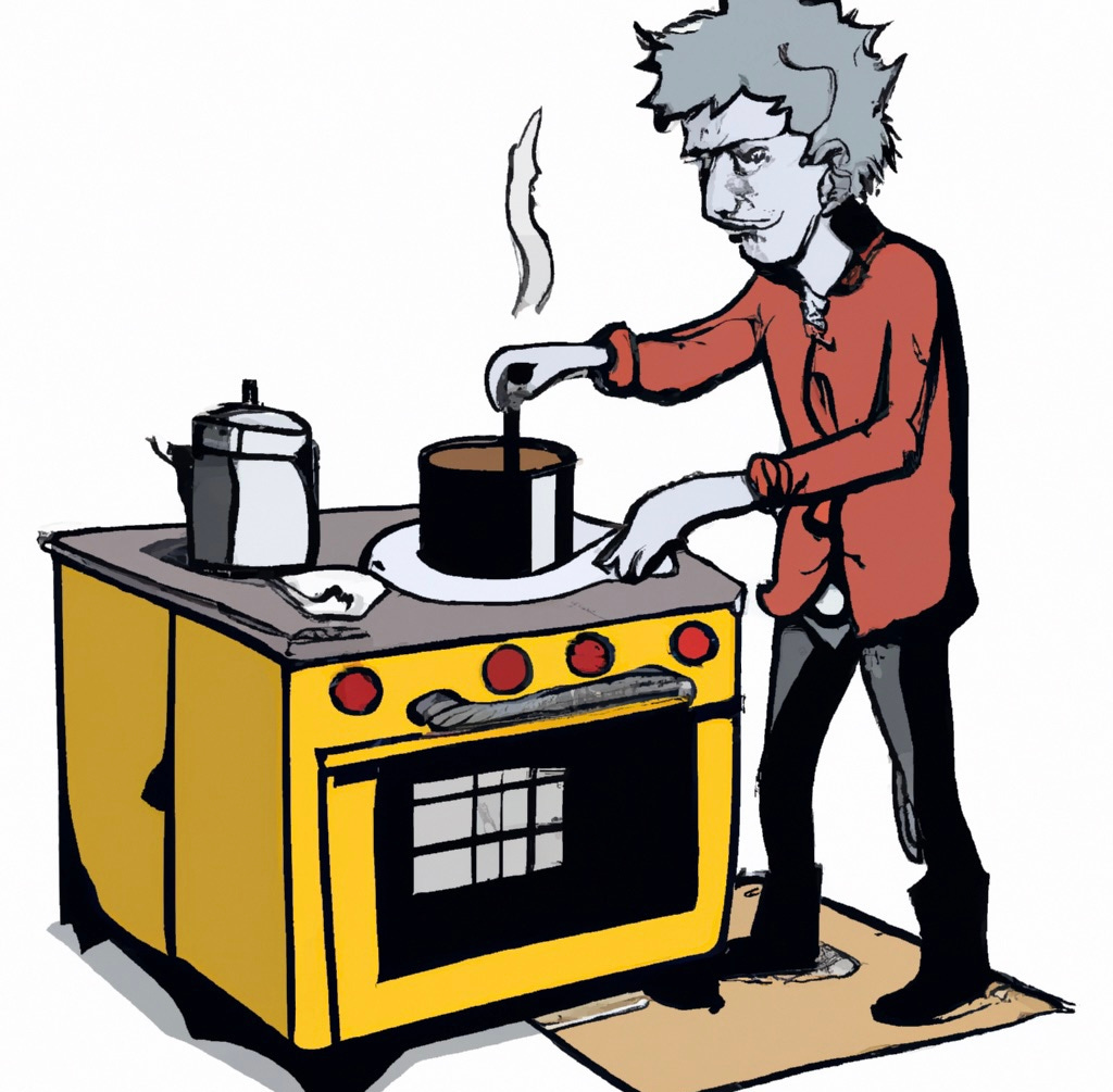 Crude AI-generated cartoon of bob dylan cooking at a stove