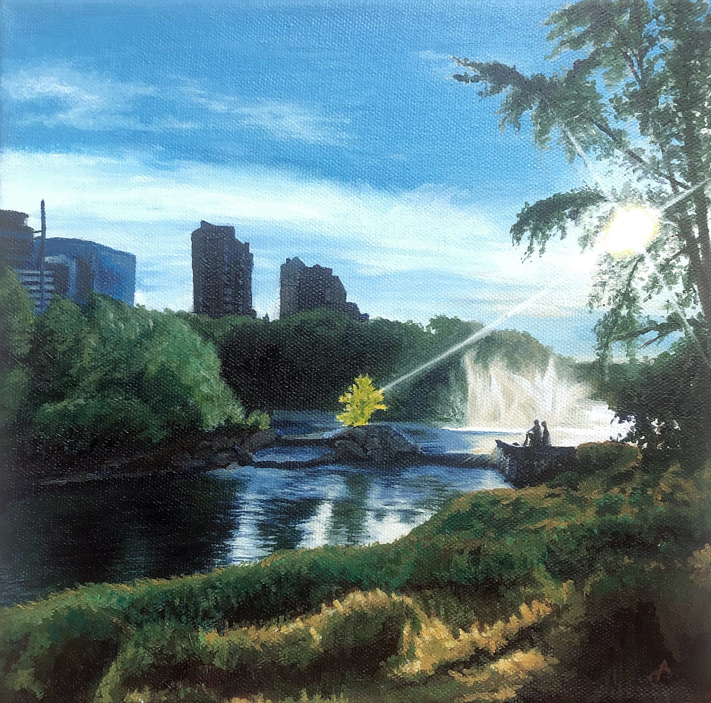 Painting of a summery scene with two figures in silhouette seated on the bank of a river. Where the river broadens behind them there is a larger fountain spraying arcs of water. They are surrounded with the park's greenery and the tops of skyscrapers poke through the trees in the background. A sunbeam illuminates a small tree with yellow leaves perched on a rock in the middle of the river.