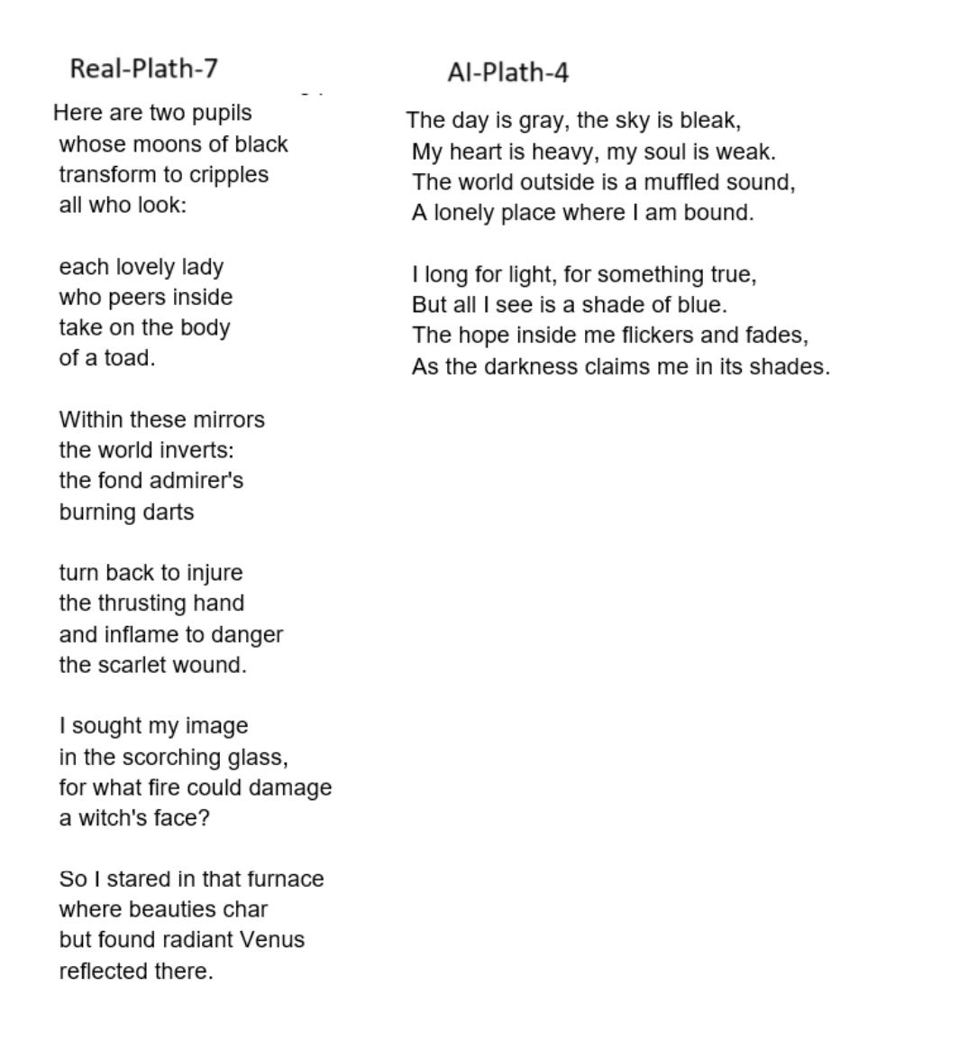 A comparison of a real Plath poem and an AI Plath poem.