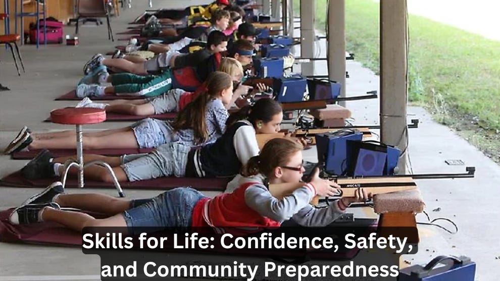 Young individuals at a shooting range practicing target shooting in a safe, controlled environment. The CDC aims to equip citizens with self-defense, medical, search and rescue, and other essential skills, fostering confidence and security amid growing safety concerns.