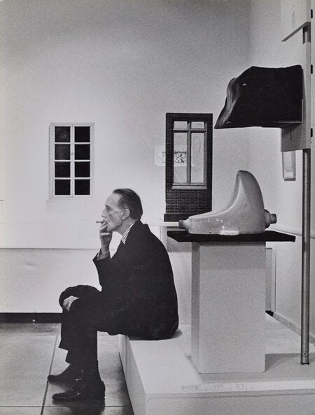 Julian Wasser, ‘Duchamp smoking in front of Fountain, Duchamp Retrospective, Pasadena Art Museum’, 1963, Photography, Later gelatin silver print, Robert Berman Gallery