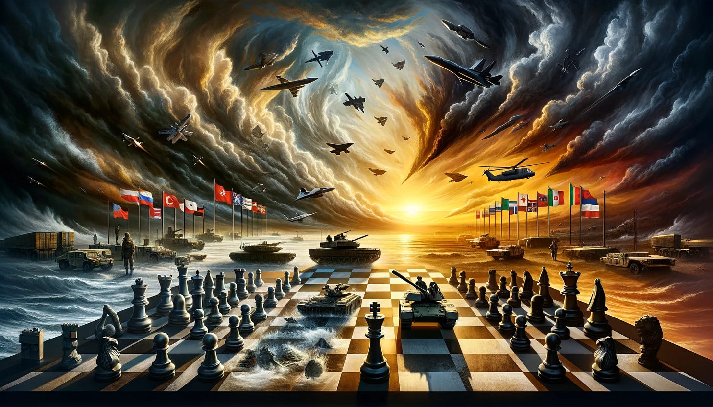 Visualize a compelling scene that encapsulates the themes and key points from a detailed analysis of military preparedness and geopolitical tensions. The image should depict a symbolic representation of the complex dynamics between military buildup, strategic planning, and the looming threat of conflict. Include visual elements that symbolize resilience, the importance of a robust industrial base for military production, and the societal readiness to face potential conflicts. The setting is abstract, designed to evoke the underlying tensions and the critical need for preparedness in the face of possible aggression. The foreground should feature symbols like a chessboard with military tokens representing different military capabilities, such as tanks and missiles, positioned strategically. In the background, abstract representations of different nations' flags blend into a horizon divided by dark, stormy skies and a hopeful sunrise, suggesting the precarious balance between conflict and peace. The overall tone should be somber yet hopeful, conveying the gravity of the situation while highlighting the potential for strategic foresight and collective resilience to avert future conflicts. This artwork aims to provoke thought on the necessity of preparation and the complex interplay of factors that define geopolitical stability. The image size should be wide, in a 16:9 aspect ratio.