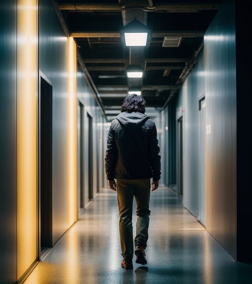 Picture of a man from behind wearing all gray walking down a long dimly lit hallway with doors on both sides