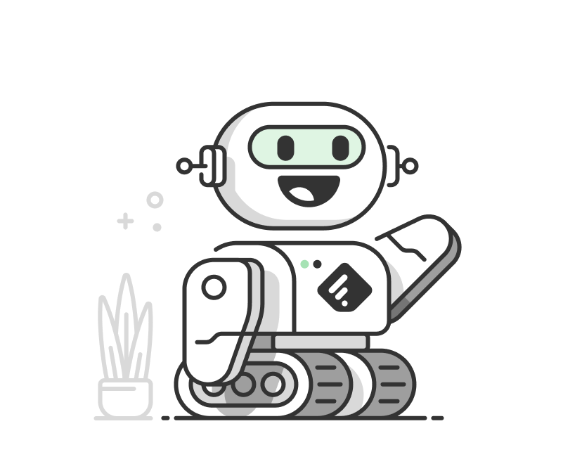 Leo, a cute illustrated robot with tread-style wheels and an ovular head. They're smiling and waving.