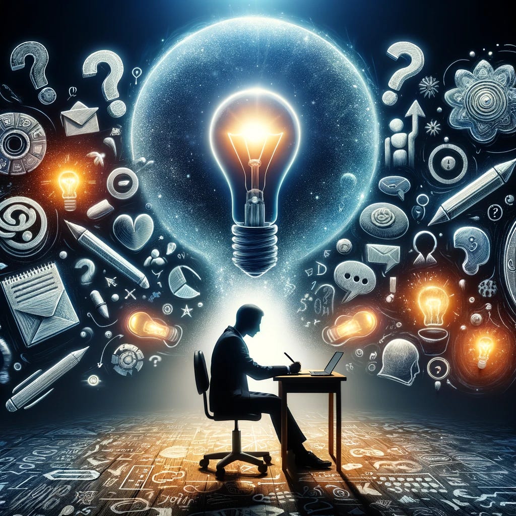 An imaginative and symbolic representation of the concept of 'Prompting'. Visualize a person sitting at a desk, immersed in thought, with a light bulb glowing brightly above their head, symbolizing the moment of inspiration or the generation of ideas. Surrounding the person are floating icons representing different aspects of prompting: a question mark for curiosity, a pen for writing, speech bubbles for dialogue, and a digital screen displaying a mix of letters and symbols to represent digital input. This scene captures the essence of prompting as a creative and interactive process, encouraging communication and the flow of ideas in a visually engaging and thought-provoking manner.