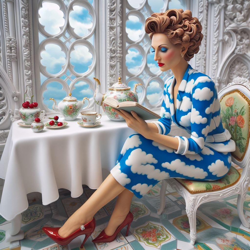 Hyper realistic;made of cake:middle aged woman in blue and white cloud print suit with redbrown high heel shoes. she is reading a book by a window. Fine bone china white with green details, tea set on the table. ivory table cloth with red cherries. with coral Quatrefoil: silver metal Gothic Tracery: Louver gold and opal decorative ceiling tiles. Hundertwasserhaus, Vienna, Austria:  ..Vast distance.  resin sun . No ceiling, radiant 