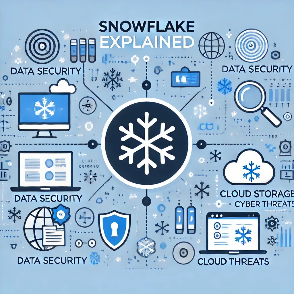 A very simple and clean infographic titled 'Snowflake Explained'. The infographic should feature only the title 'Snowflake Explained' with minimal icons representing data security, cloud storage, and cyber threats. Use a blue and white color scheme to match Snowflake's branding.