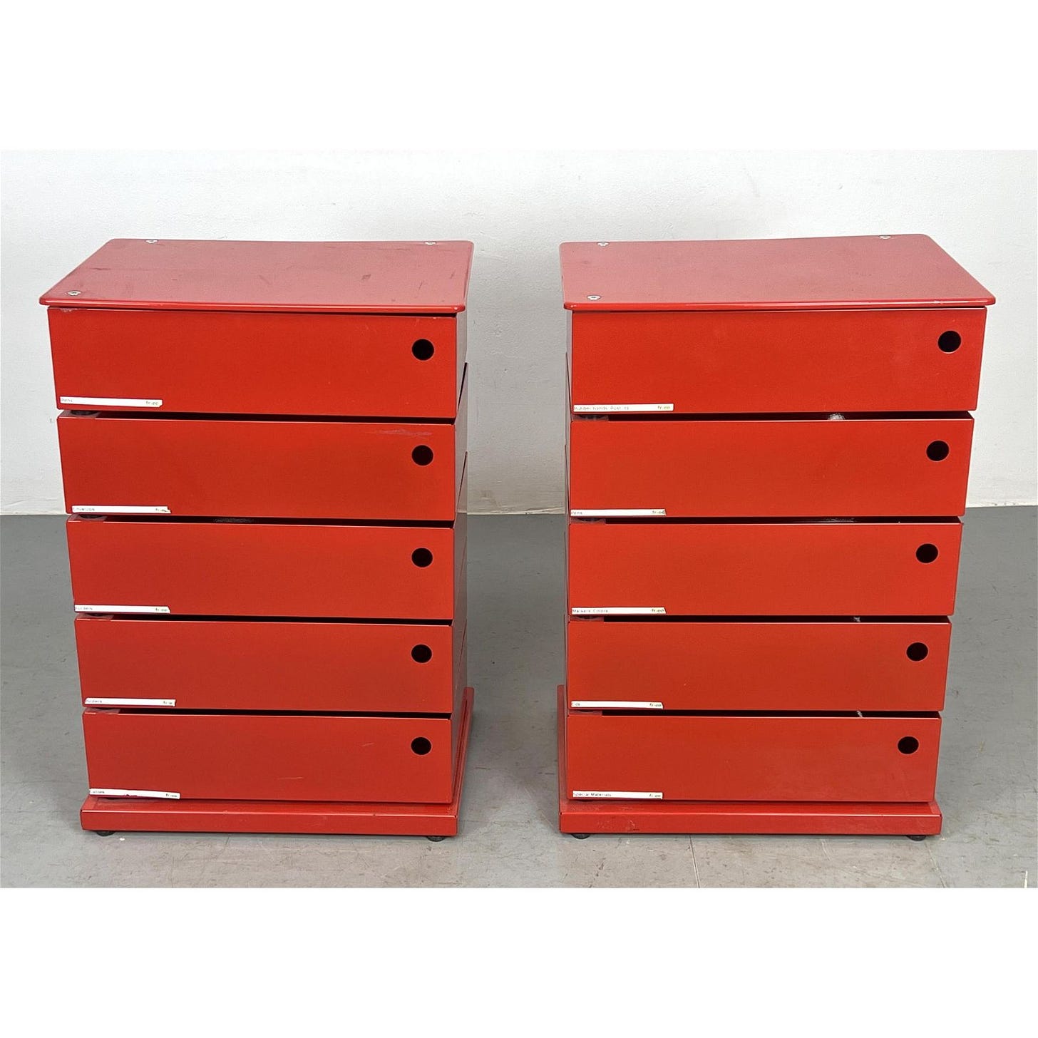 Pr Bright Red Enameled Drawer Tower Cabinets. Drawers swing out on Pivot. Good storage for artists,