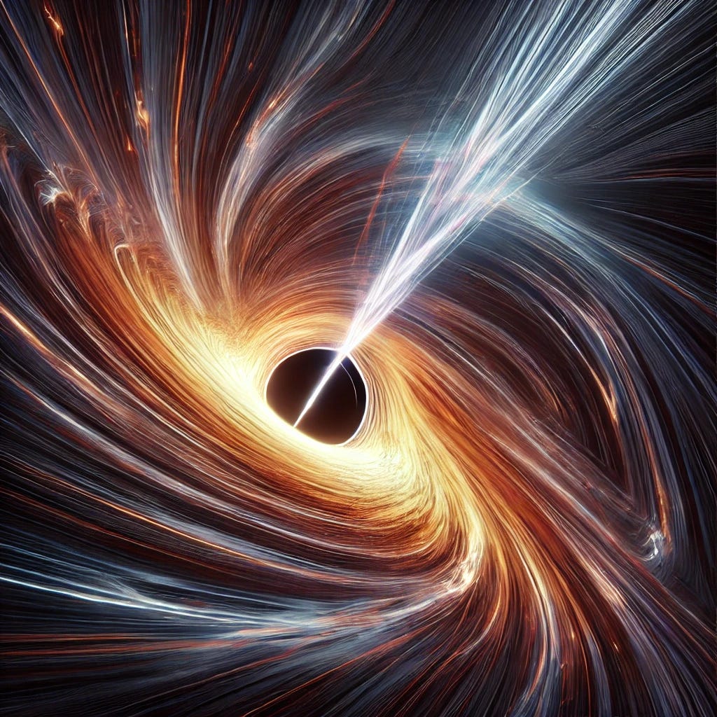 A highly cinematic and scientifically-inspired conceptual illustration of the inside of a black hole, similar to the depiction in the movie Interstellar. The image should show the event horizon with intense gravitational distortion, swirling spacetime around the singularity. The singularity should be at the center, with a bright, glowing, dynamic stream of dark energy flowing outward through a wormhole, leading to the Big Bang. The curvature of spacetime should be exaggerated to create a visually stunning, swirling effect, with light bending around the black hole in a highly distorted and dramatic way, similar to the iconic look in Interstellar. The image should convey a sense of motion and energy compression near the singularity, transitioning to an expansive effect as the energy travels through the wormhole. The feel should be surreal and abstract, representing both the science of black holes and the dynamic flow of the universe.