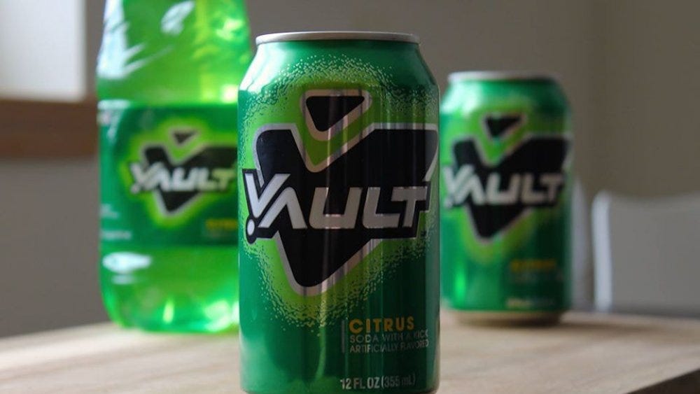 A photo of the green canned Vault soda