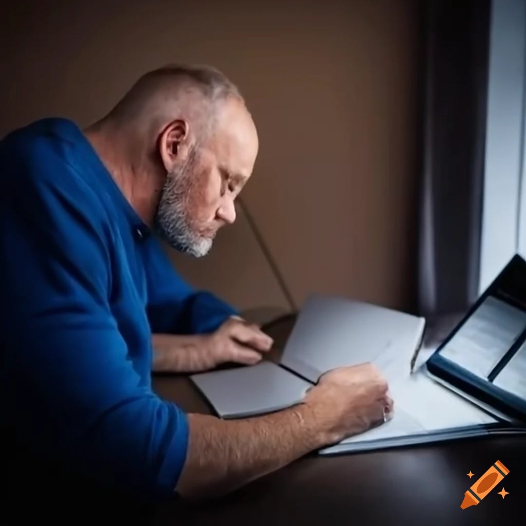 White middle aged man working from home, lonely