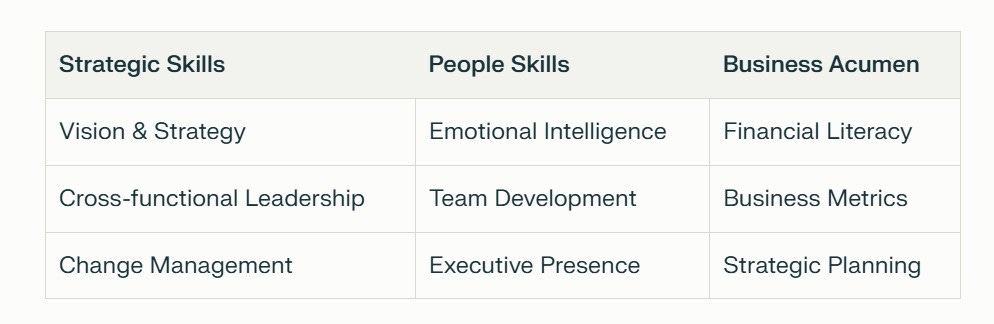 A table showing the three core pillars of CS Leadership Development: Strategic Skills, People Skills, and Business Acumen. Each pillar lists three key competencies. Strategic Skills includes Vision & Strategy, Cross-functional Leadership, and Change Management. People Skills includes Emotional Intelligence, Team Development, and Executive Presence. Business Acumen includes Financial Literacy, Business Metrics, and Strategic Planning.