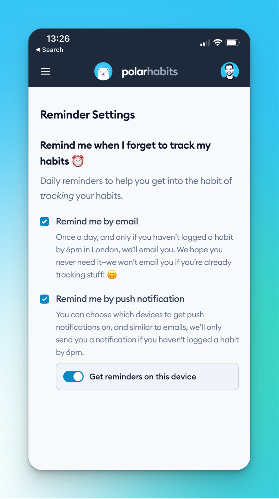 Screenshot of Polar Habits, with email reminders and push notifications enabled.