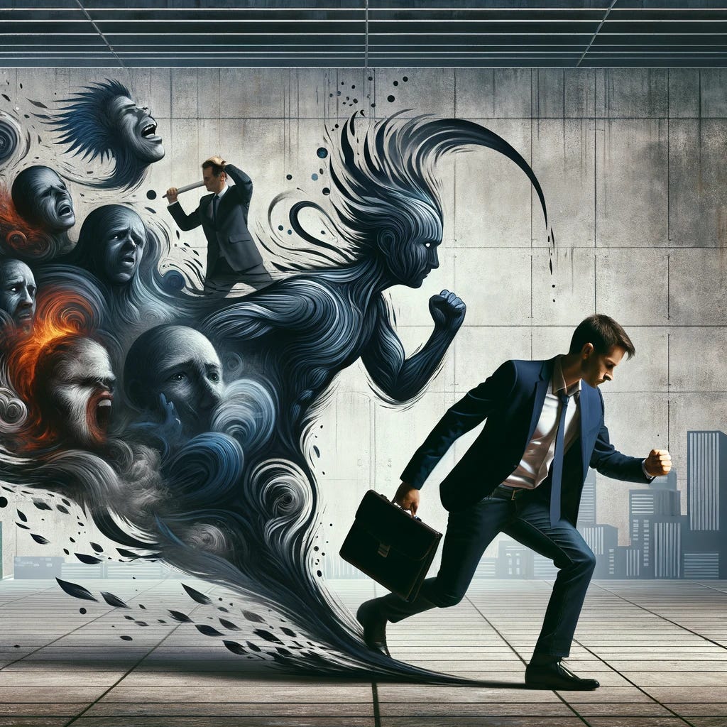 A conceptual artwork showing an entrepreneur in a symbolic struggle with mental challenges. The entrepreneur is depicted in a modern business setting, dressed in professional attire, looking determined yet visibly strained. Around them, abstract representations of mental challenges such as stress, anxiety, and burnout manifest as shadowy, ethereal figures or shapes, encircling and pressing in on the entrepreneur. The entrepreneur stands resilient, pushing back against these forces, symbolizing the fight against mental health issues. The image captures the tension and resilience in this struggle, with a focus on the emotional and psychological aspects.