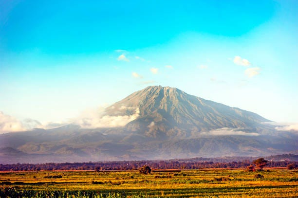 Mount Meru, Arusha, Tanzania The peak of the mountain, Mount Meru, stands above the surrounding cloud base, seen across the farmed agricultural plains of Arusha, Tanzania, Africa mount meru stock pictures, royalty-free photos & images