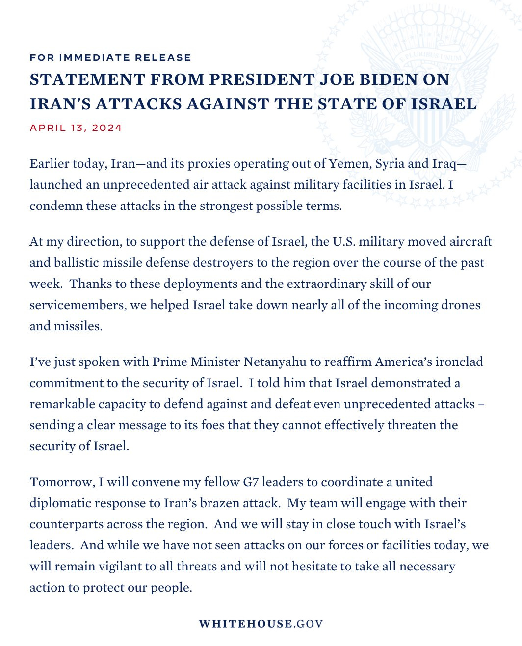 A Statement from President Joe Biden on Iran’s Attacks against the State of Israel.