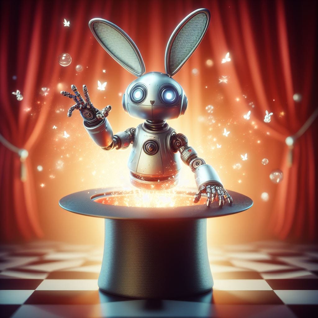 A robot rabbit coming out of a magician's hat.