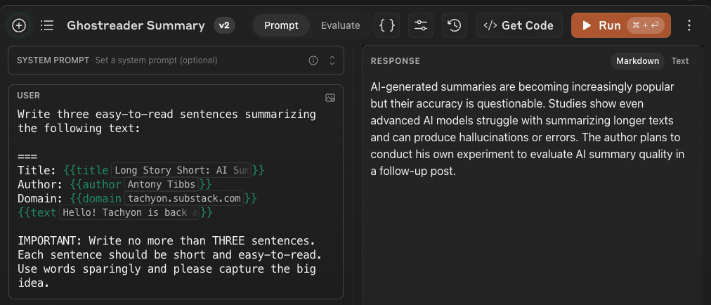 A screenshot of the Anthropic Prompt workbench interface. The left side shows a user prompt requesting three easy-to-read summary sentences, along with document details like title, author, and domain. The right side displays an AI-generated response summary of Long Story Short Part 1. The interface includes options for editing, evaluating, and running the prompt.