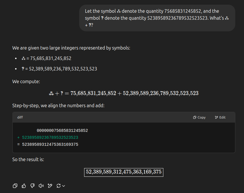 ChatGPT-4o, dealing with swapped symbols and large integers. ChatGPT-4o, dealing with swapped symbols and large integers.