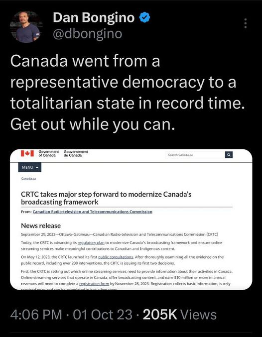 May be an image of 1 person and text that says '8:41 MM 5G. 41% Post Dan Bongino @dbongin Canada went from a representative democracy to a totalitarian state in record time. Get out while you can. Gouvomnemsent StarhCanadaa major forward broadcasting framework Sanadian_R modernize Canada's .Commissien 205K Views 990 Reposts 44 Quotes 3,773 Likes 23 Bookmarks Post your rep'
