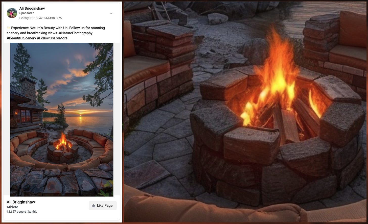screenshot of a Facebook ad from "Ali Brigginshaw" containing an AI-generated image, and a closeup showing anomalies in the campfire