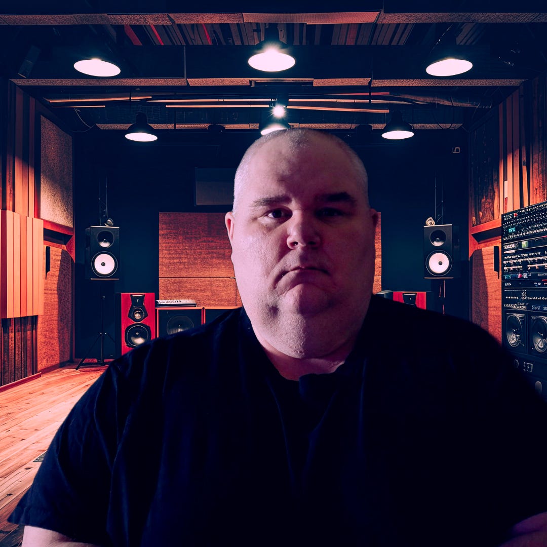 A serious-looking man in a black shirt stands in a professional recording studio with acoustic panels, large speakers, and dim studio lighting.