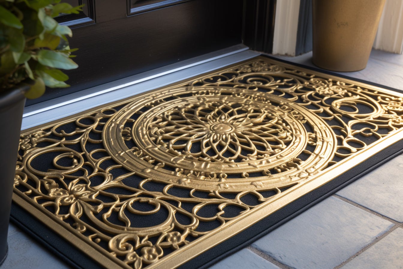 An AI-generated image of an ornate welcome mat with gold inlay.