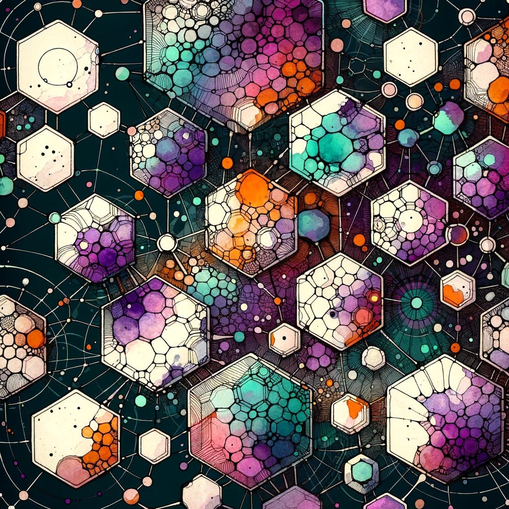 Create an abstract, intricate design featuring organic hexagons with splotchy watercolors in purple, teal, and orange, and thick, bold, white ink lines on a uniformly dark background. The hexagons should be interconnected, symbolizing a network and the whole image should evoke a sense of interconnectedness and systemic complexity.
