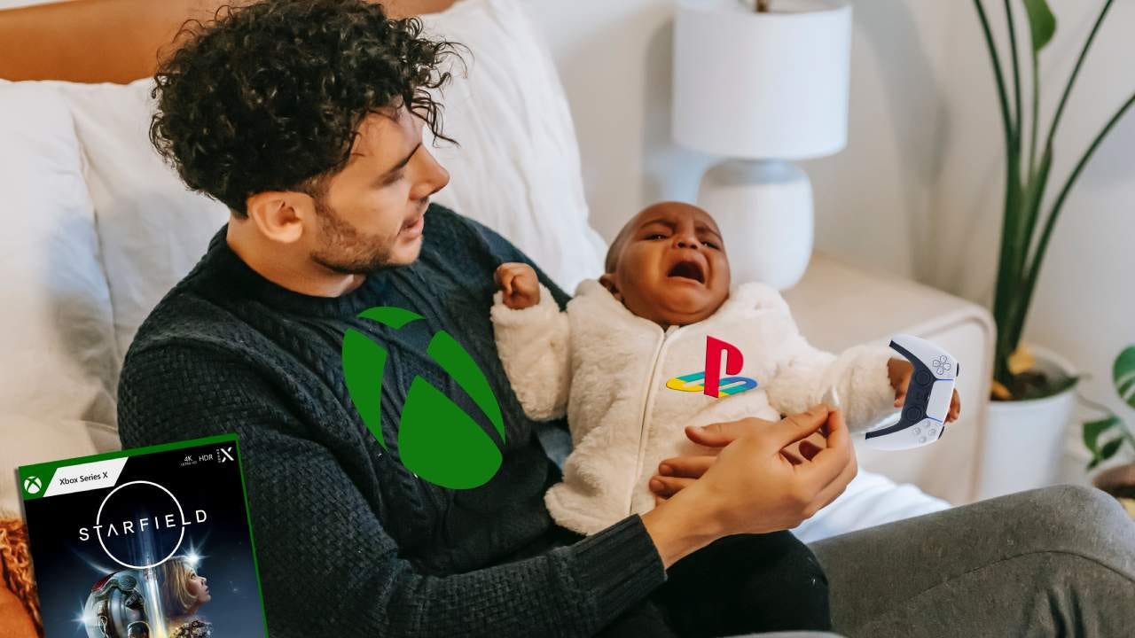 Xbox man holding a crying PlayStation baby over Starfield