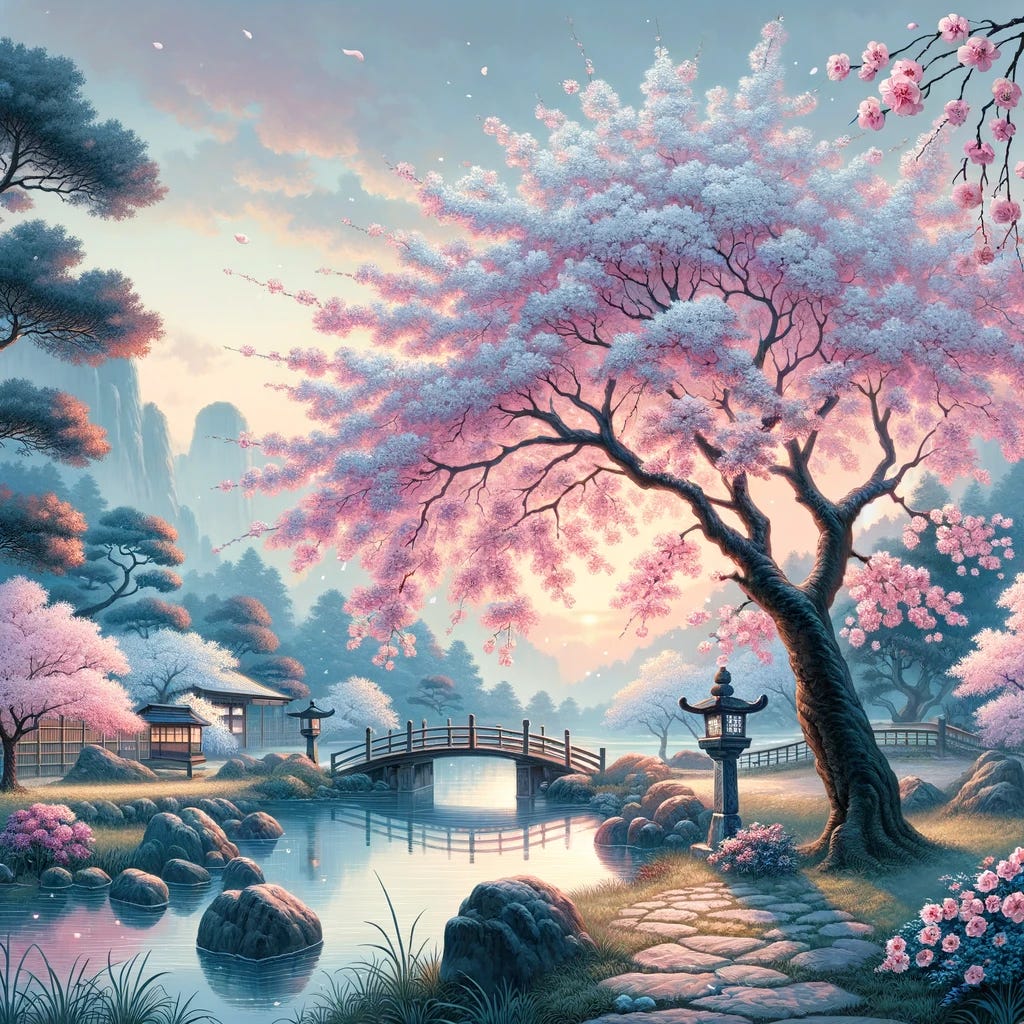 Illustrate a serene scene featuring a cherry tree, possibly a Sakura, in full bloom in a traditional Japanese garden. The scene captures the delicate pink blossoms of the Sakura tree, with petals gently falling to the ground. The background includes a tranquil pond reflecting the soft colors of the sky at dawn or dusk, adding to the peaceful atmosphere. Traditional Japanese elements such as a small wooden bridge, stone lanterns, and a distant view of mountains contribute to the picturesque setting, evoking a sense of harmony and the fleeting beauty of nature.