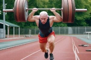 Man running around a track while doing an overhead bench press