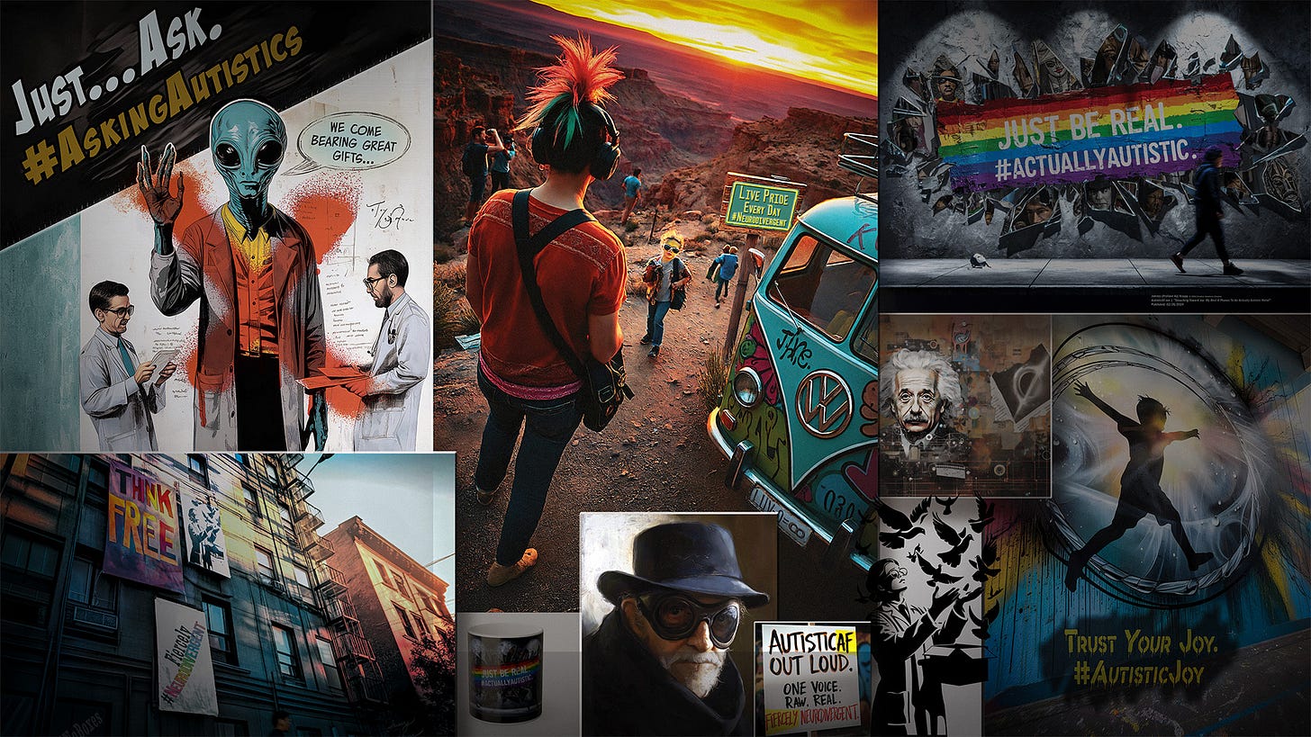 Vibrant collage of nine images representing various aspects of autism and neurodiversity. Central image shows a person with a red mohawk facing away, standing near a colorful VW bus in a desert landscape at sunset. Text reads "Live Proud Every Day." Surrounding images include:  Alien in suit saying "We come bearing great gifts" to puzzled doctors. Caption: "Just... Ask. #AskingAutistics" Graffiti wall with rainbow text: "Just Be Real. #ActuallyAutistic" Silhouette of person with arms outstretched, surrounded by birds. Caption: "Trust Your Joy. #AutisticJoy" Street scene with colorful "Think Free" poster Portrait of older man in hat and sunglasses, captioned "AutisticAF Out Loud" Einstein portrait next to abstract shapes Merchandise mockup with "Just Be Real" slogan  The collage conveys themes of authenticity, pride, and diverse autistic experiences through a mix of realistic and stylized imagery. It challenges viewers to reconsider perceptions of autism and celebrate neurodiversity.