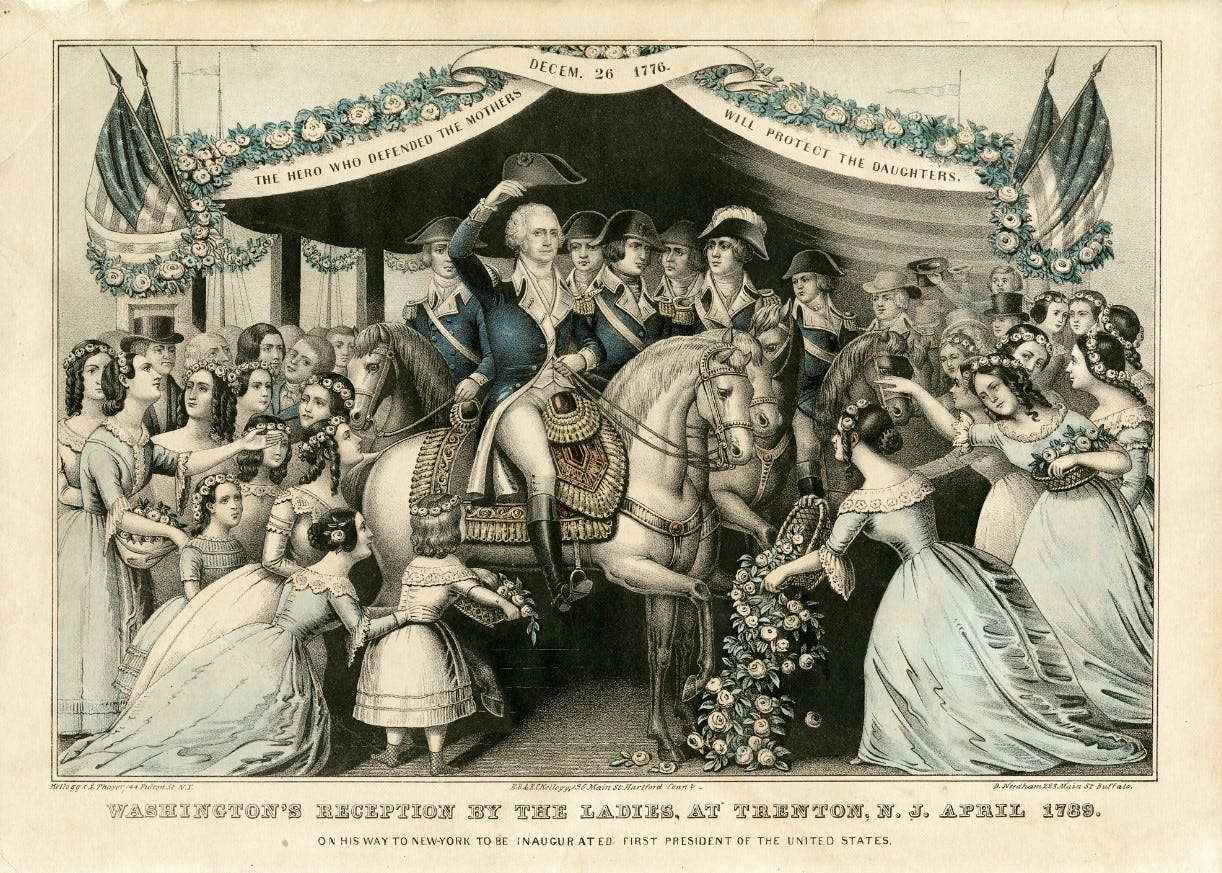 Washington's reception by the ladies, at Trenton, N.J. April 1789, lithograph by Kellogg & Thayer.
