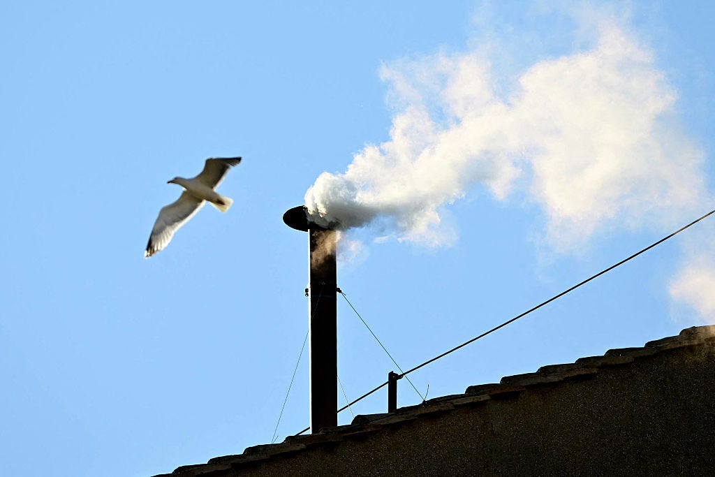 White smoke at the Vatican, announcing the selection of Robert Prevost as Pope.