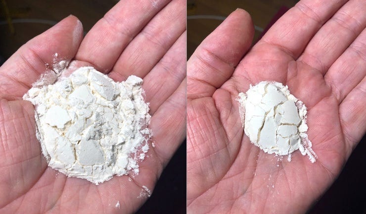 A tablespoon and teaspoon of flour in the palm of my hand.