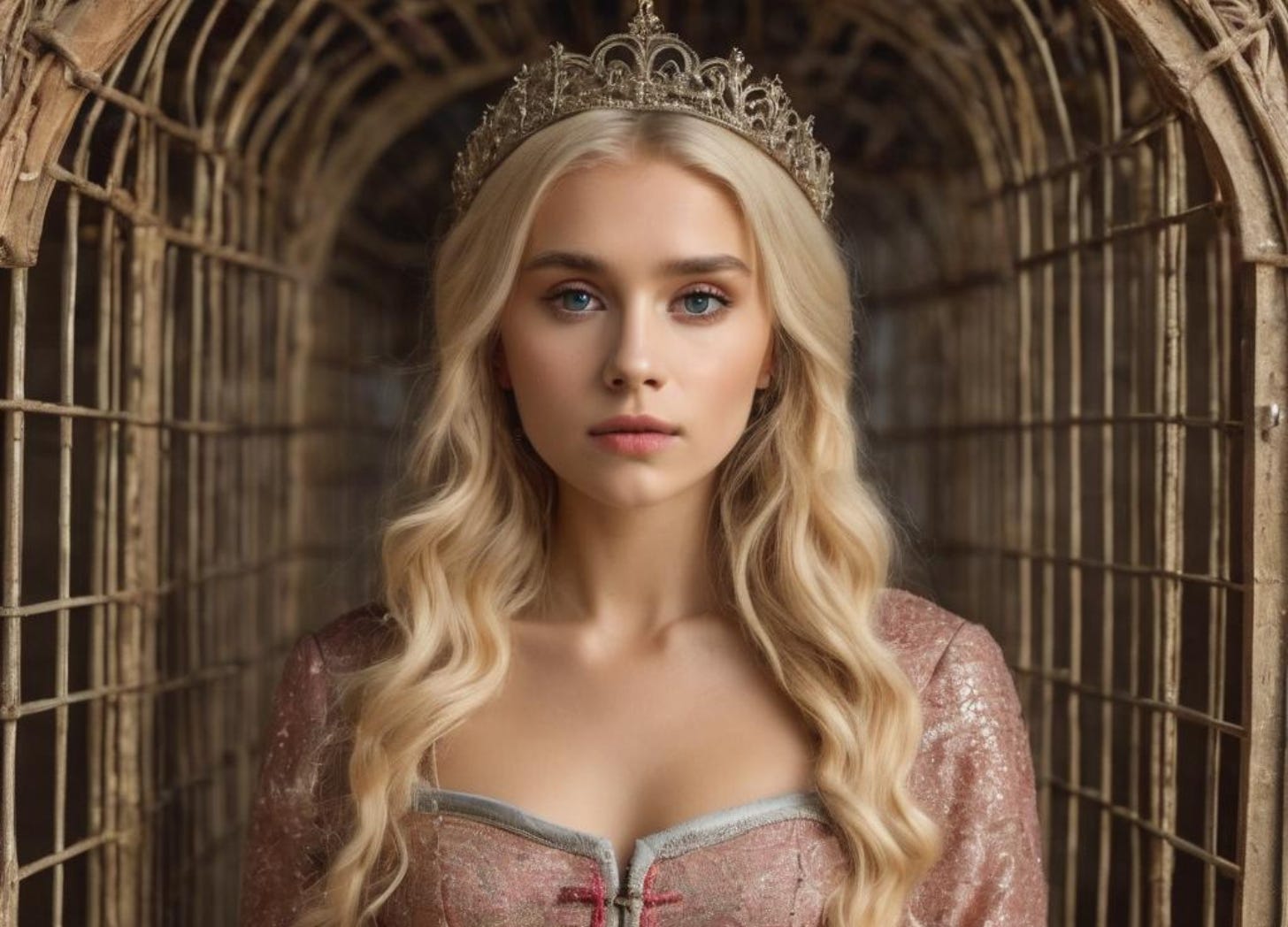 AI generated image of a beautiful blonde princess in a cage