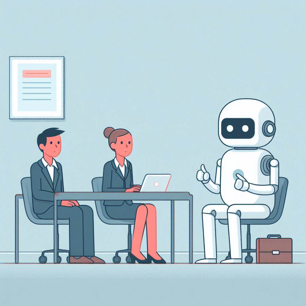 a simple, minimalist cartoon illustration of a job interview scene with a humanoid robot and two human candidates