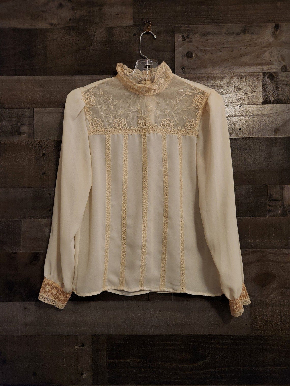 Vintage Sheer Ivory Long Sleeve High Neck Blouse by Chaus Victorian Edwardian Style Lace Blouse Label Size 9/10 See Actual Measurements image 1