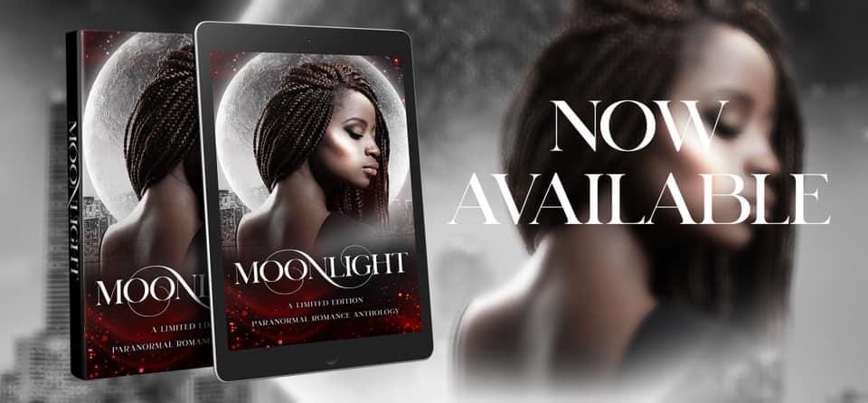 Cover of Moonlight Anthology; an attractive dark-skinned woman’s face in front of a full moon