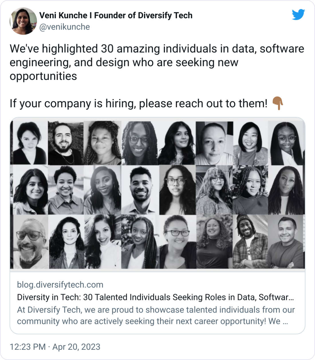 Veni Kunche I Founder of Diversify Tech @venikunche We've highlighted 30 amazing individuals in data, software engineering, and design who are seeking new opportunities  If your company is hiring, please reach out to them! 👇🏾