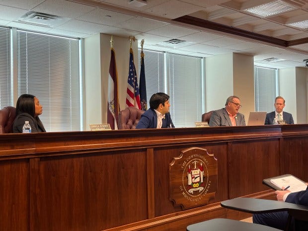 Montgomery County officials engage in discussion during a March 21, 2024 election board meeting. Pictured, from left, are Montgomery County Board of Elections' Vice Chairwoman Jamila Winder, Chairman Neil Makhija, Montgomery County Commissioner Tom DiBello, and Chief Operating Officer Lee Lee Soltysiak. (Rachel Ravina - MediaNews Group)