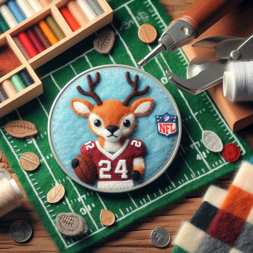 felt art patchwork. a coin with an antelope playing nfl football on it. have it being tossed by a referee who is also an antelope 