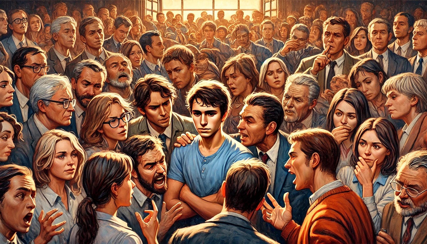 A crowded room with many people gathered around a young man at the center, all talking and expressing opinions simultaneously. The atmosphere is lively and chaotic, with various facial expressions and gestures from the people. The young man appears overwhelmed but engaged, while the room is warmly lit, suggesting an intense yet intimate setting. Details like different styles of clothing, diverse ages, and a variety of expressions create a dynamic scene.