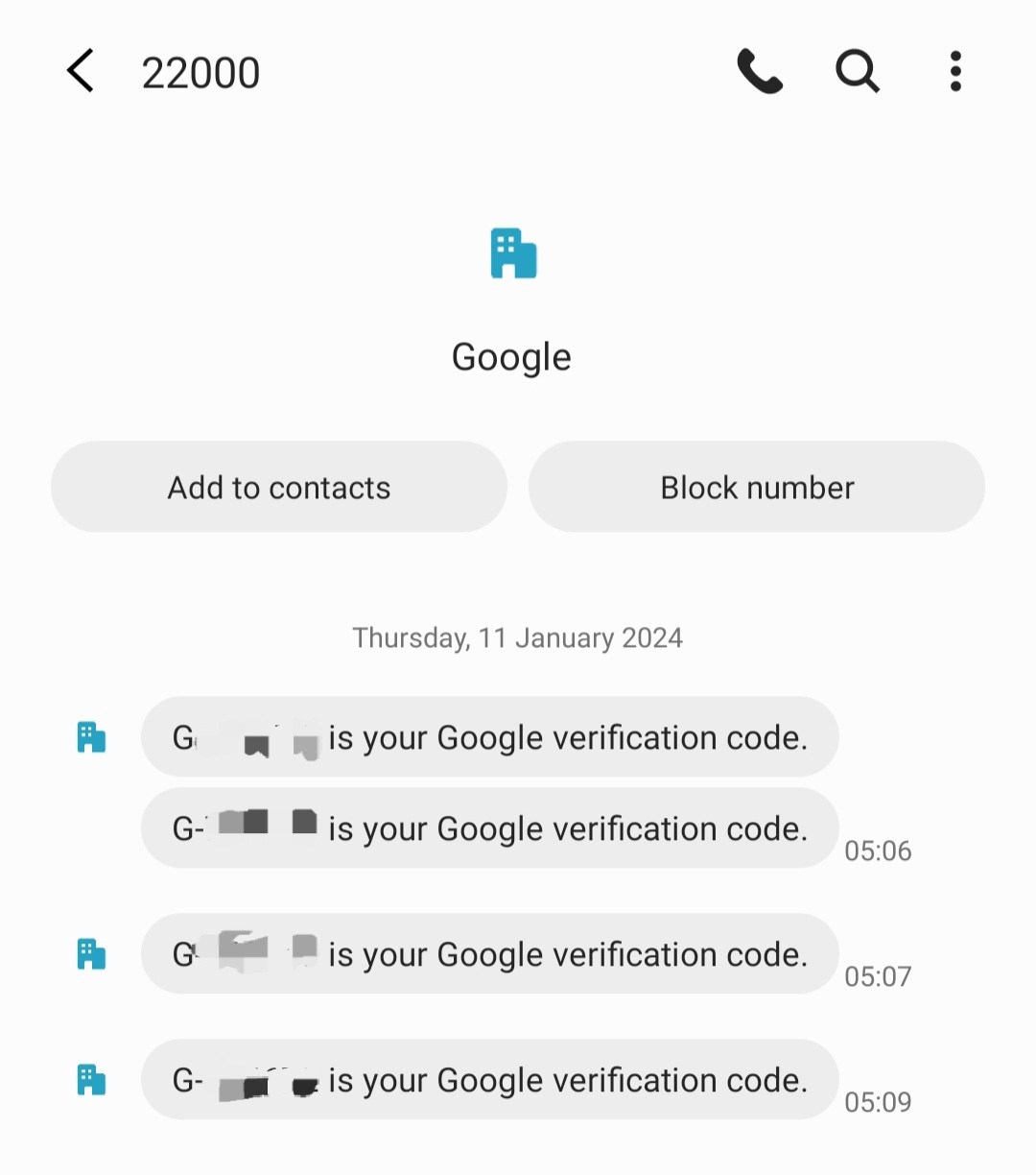 Screenshot of text messages with Google verification codes being sent to my number from attempts to sign into my Google account.