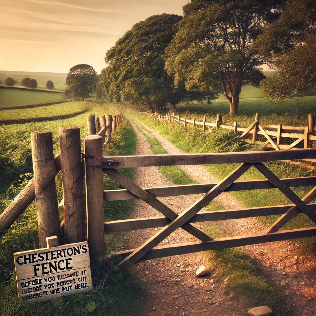 A wooden fence stretching across a rural dirt path, surrounded by green fields and trees. The fence is old but sturdy, with a weathered appearance. A signpost nearby reads: 'Chesterton's Fence - Before you remove it, understand why it was put here.' The scene is peaceful, with a soft sunset in the background.