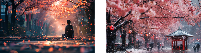 The composite image on the left captures a solitary figure sitting on a rain-soaked street under a canopy of cherry blossoms. The setting is at dusk, with ambient street lights creating a moody, atmospheric glow. Petals fall gently around the figure, who is seen in silhouette against the illuminated background.  The image on the right shows a wintry scene with cherry blossoms covered in snow, blending the iconic imagery of Japan with the unexpected element of snowfall. A traditional red torii gate stands out amongst the flurry, and paper lanterns emit a warm glow, contrasting with the cool tones of the snow. There are a few indistinct figures in the background, adding a sense of life to the otherwise serene landscape.