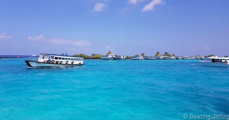 The pier by Male international airport where boat transfers to Maafushi depart and arrive