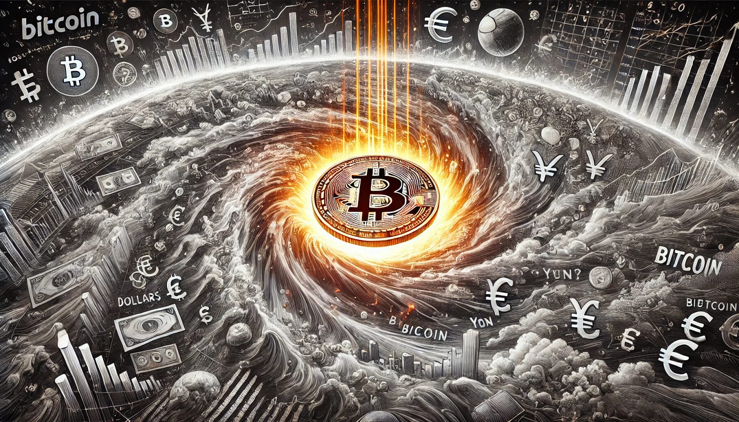A hyper-realistic sketch titled "Bitcoin & Global Liquidity: Can the orange coin absorb it all?" The image features a massive, glowing orange Bitcoin symbol at the center, acting like a vortex or gravity well. Surrounding it is a swirling ocean of liquidity represented as waves of currencies, stock symbols, and financial charts from around the world—dollars, euros, yen, yuan, all flowing toward the Bitcoin symbol. Streams of orange light and data flow into the coin as it pulls in global value. The scene uses only black, white, gray, and hues of orange to emphasize Bitcoin’s role as a potential absorber of global liquidity and a new monetary anchor.