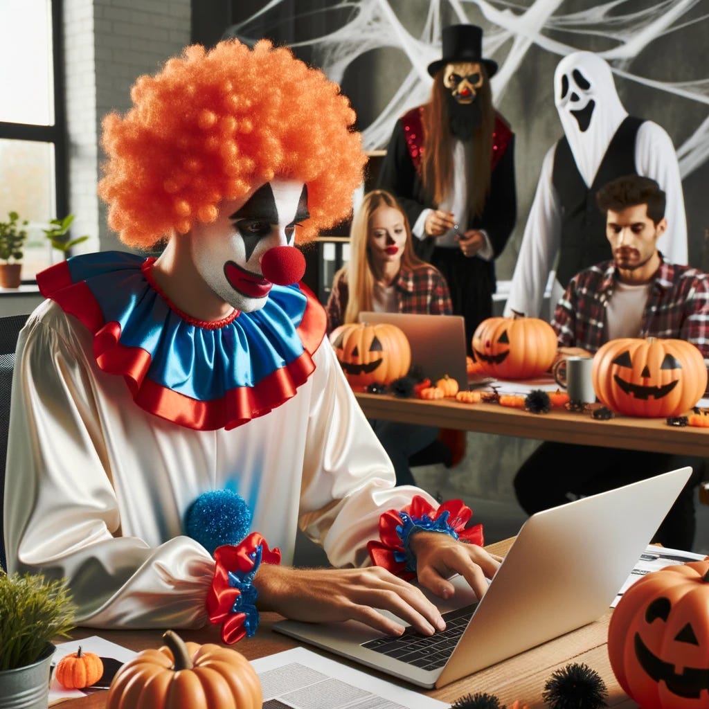 Photo of a clown dressed in a Halloween costume with a red nose and curly wig, focused on typing on a laptop in an office decorated with pumpkins and cobwebs. The desk has scattered papers, a coffee mug, and a small potted plant. Colleagues in the background, dressed in diverse Halloween costumes like a zombie, ghost, and werewolf, look on with expressions of festive spirit.